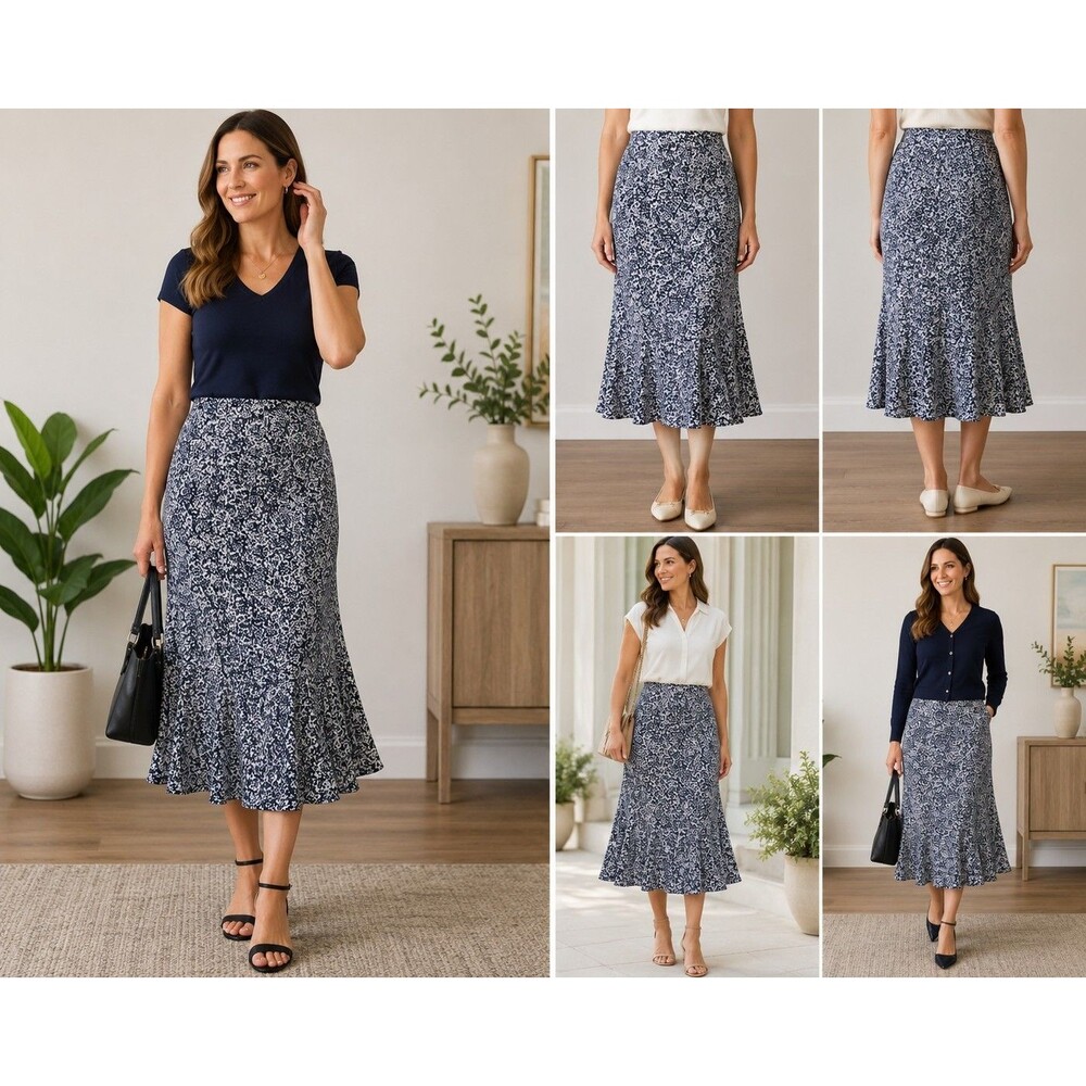 Choices Women XL Y2K Navy Ivory Abstract Midi Skirt No Iron Stretch Flounce Chic